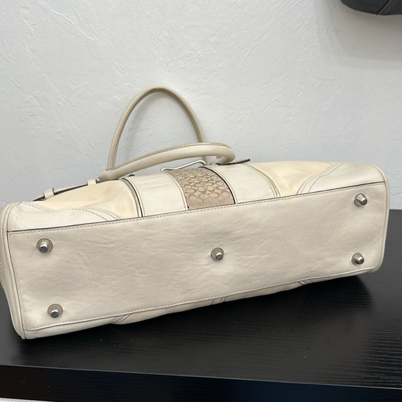 Coach F11682 Hampton Ivory Canvas Leather Stripe Satchel Carryall Tote Handbag - Picture 6 of 14